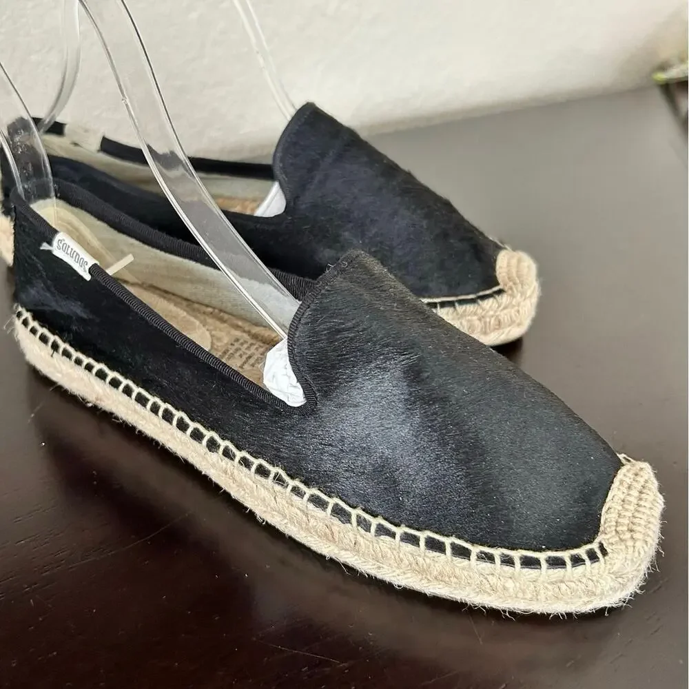 Soludos Black Calf Hair Espadrille Flats Size 8 Slip On Jute Casual Summer Shoe